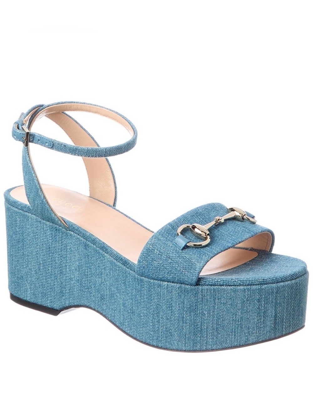 GUCCI LADY HORSEBIT BLUE DENIM LEATHER ANKLE STRAP PLATFORM SANDALS SZ 38 NEW
